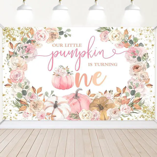 Main image of Pumpkin First Birthday Backdrop Fall 1st Birthday Party Decorations | Pink,Floral,Little Pumpkin is Turning One Banner,Girl 1st Birthday Decorations,Photo Booth Props, Party Supplies,6x3.6ft