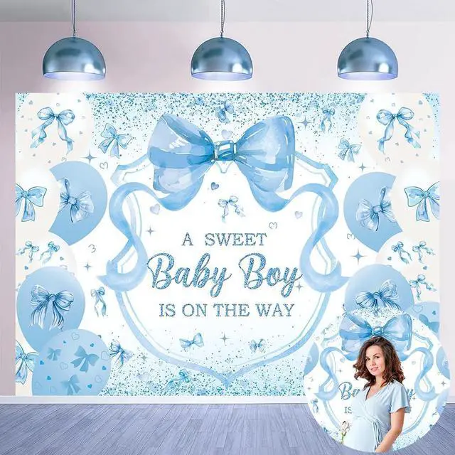 Main image of Blue Bow Baby Shower Backdrop for Boys 7x5FT A Sweet Baby Boy is On His Way Banner Background Welcome Baby Boy Baby Shower Party Decorations Supplies Photo Props
