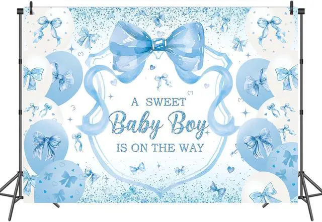 Alt view image 2 of 7 - Blue Bow Baby Shower Backdrop for Boys 7x5FT A Sweet Baby Boy is On His Way Banner Background Welcome Baby Boy Baby Shower Party Decorations Supplies Photo Props