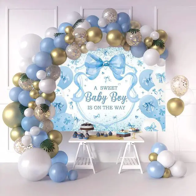 Alt view image 3 of 7 - Blue Bow Baby Shower Backdrop for Boys 7x5FT A Sweet Baby Boy is On His Way Banner Background Welcome Baby Boy Baby Shower Party Decorations Supplies Photo Props