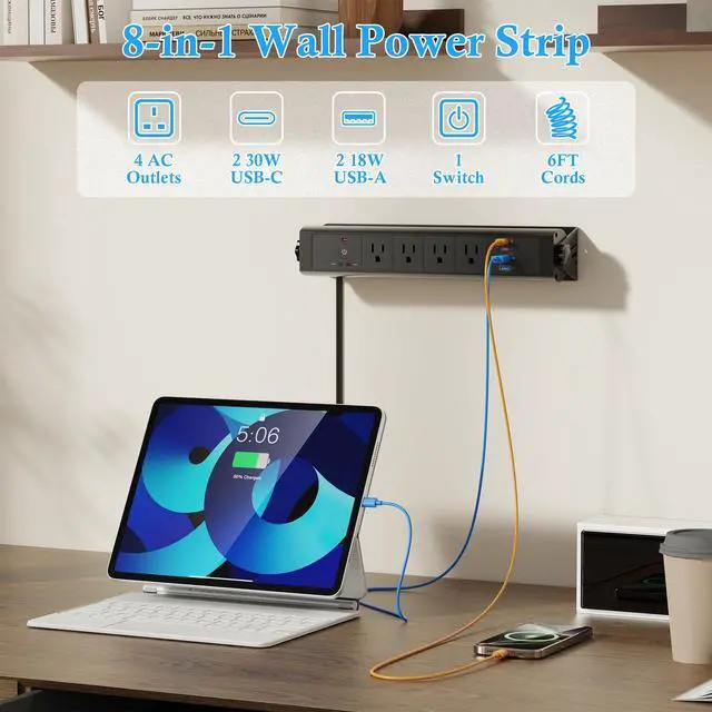 Alt view image 2 of 7 - Wall Mount Power Strip with Dual 30W USB-C, 180° Rotating Desk Edge Power Strip with 3 AC Outlets, 2 QC 18W USB-A Ports, Wall Mount Outlets with Switch 6FT Cord for Office and Home