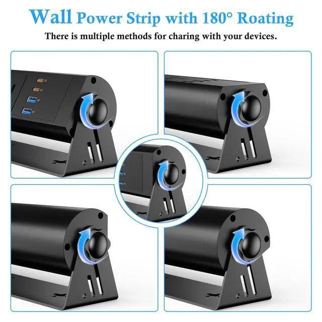 Alt view image 4 of 7 - Wall Mount Power Strip with Dual 30W USB-C, 180° Rotating Desk Edge Power Strip with 3 AC Outlets, 2 QC 18W USB-A Ports, Wall Mount Outlets with Switch 6FT Cord for Office and Home