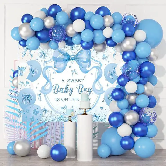 Alt view image 5 of 7 - Blue Bow Baby Shower Backdrop for Boys 7x5FT A Sweet Baby Boy is On His Way Banner Background Welcome Baby Boy Baby Shower Party Decorations Supplies Photo Props