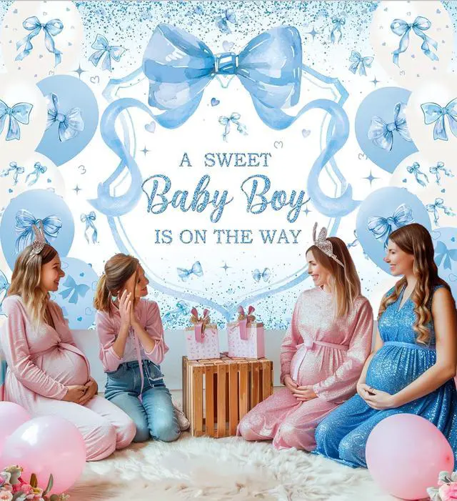 Alt view image 4 of 7 - Blue Bow Baby Shower Backdrop for Boys 7x5FT A Sweet Baby Boy is On His Way Banner Background Welcome Baby Boy Baby Shower Party Decorations Supplies Photo Props