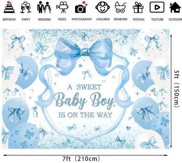 Alt view image 6 of 7 - Blue Bow Baby Shower Backdrop for Boys 7x5FT A Sweet Baby Boy is On His Way Banner Background Welcome Baby Boy Baby Shower Party Decorations Supplies Photo Props