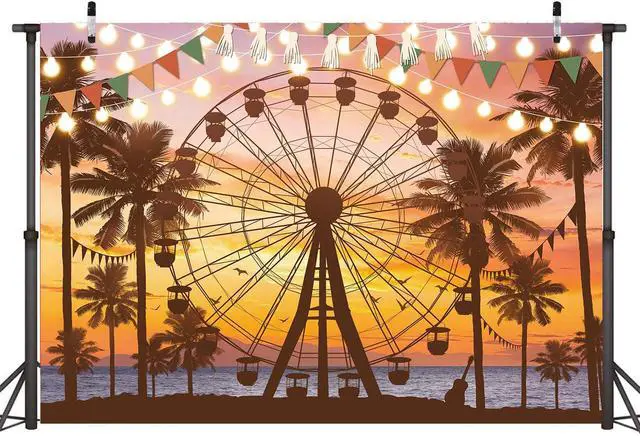 Alt view image 2 of 7 - Summer Seaside Ferris Wheel Backdrop 7x5FT Tropical Palm Tree Sparkling Lights Sunset Photography Background Musical Festival Holidays Party Decoration Banner Studio Props