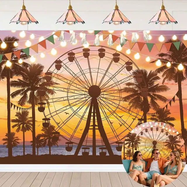 Main image of Summer Seaside Ferris Wheel Backdrop 7x5FT Tropical Palm Tree Sparkling Lights Sunset Photography Background Musical Festival Holidays Party Decoration Banner Studio Props
