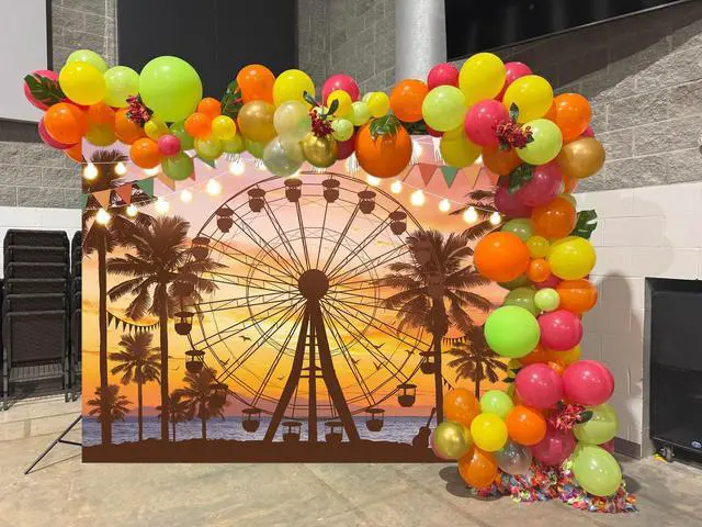 Alt view image 3 of 7 - Summer Seaside Ferris Wheel Backdrop 7x5FT Tropical Palm Tree Sparkling Lights Sunset Photography Background Musical Festival Holidays Party Decoration Banner Studio Props