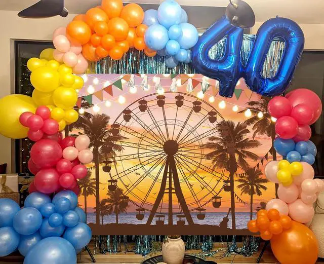 Alt view image 5 of 7 - Summer Seaside Ferris Wheel Backdrop 7x5FT Tropical Palm Tree Sparkling Lights Sunset Photography Background Musical Festival Holidays Party Decoration Banner Studio Props