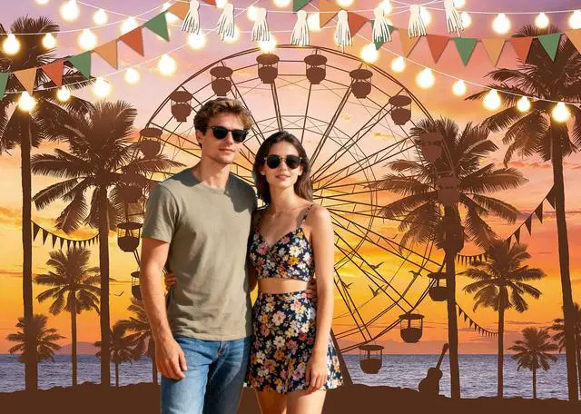 Alt view image 4 of 7 - Summer Seaside Ferris Wheel Backdrop 7x5FT Tropical Palm Tree Sparkling Lights Sunset Photography Background Musical Festival Holidays Party Decoration Banner Studio Props
