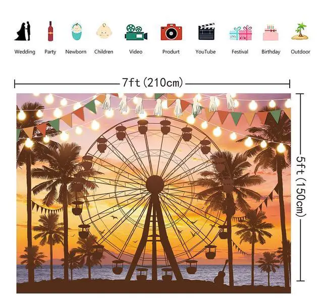 Alt view image 6 of 7 - Summer Seaside Ferris Wheel Backdrop 7x5FT Tropical Palm Tree Sparkling Lights Sunset Photography Background Musical Festival Holidays Party Decoration Banner Studio Props