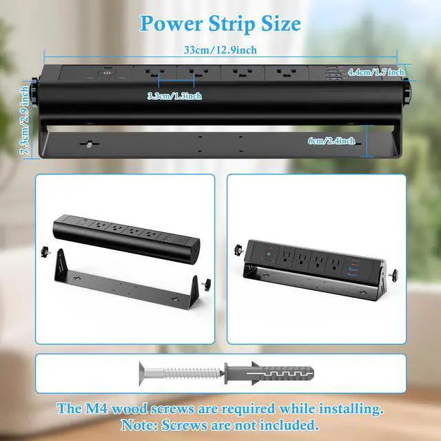 Alt view image 6 of 7 - Wall Mount Power Strip with Dual 30W USB-C, 180° Rotating Desk Edge Power Strip with 3 AC Outlets, 2 QC 18W USB-A Ports, Wall Mount Outlets with Switch 6FT Cord for Office and Home