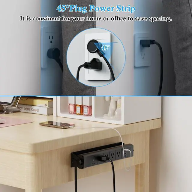 Alt view image 7 of 7 - Wall Mount Power Strip with Dual 30W USB-C, 180° Rotating Desk Edge Power Strip with 3 AC Outlets, 2 QC 18W USB-A Ports, Wall Mount Outlets with Switch 6FT Cord for Office and Home