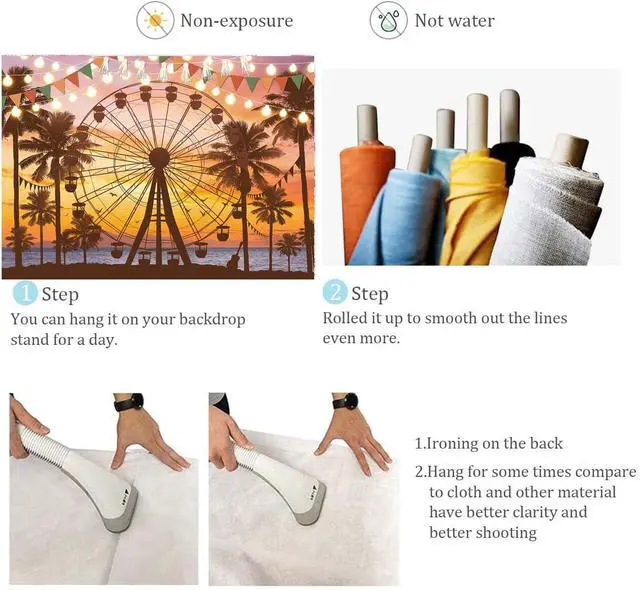 Alt view image 7 of 7 - Summer Seaside Ferris Wheel Backdrop 7x5FT Tropical Palm Tree Sparkling Lights Sunset Photography Background Musical Festival Holidays Party Decoration Banner Studio Props