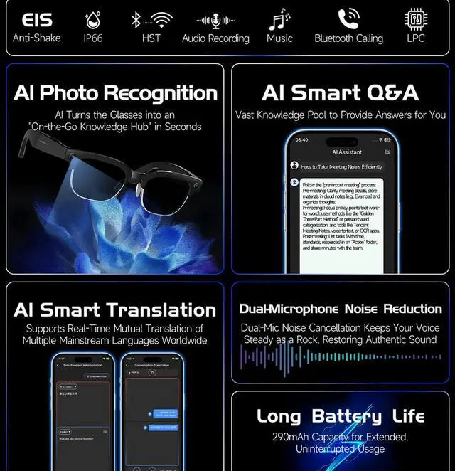 Alt view image 3 of 6 - 7 in 1 AI Smart Glasses with Camera W630 | 8MP HD Video Recording, AI Voice Assistant, Real-Time Translation, Anti-Blue Light, Bluetooth Call & Music