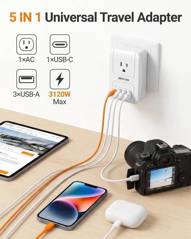 Alt view image 2 of 6 - International Travel Adapter, 3000W European Travel Plug Adapter for Hair Curling Iron, USB Travel Wall Charger with Worldwide Wall Plugs for US, EU(PD35W,1004, White)