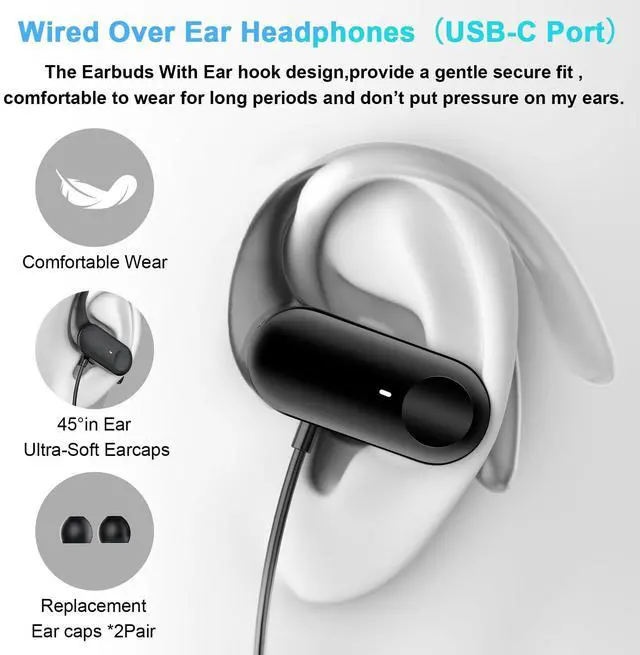 Alt view image 2 of 6 - USB C Headphones Wired Over Ear Earbuds for iPhone 17 16 Pro Max 15 | Type C Running Sport Headphones Wired Earphone with Ear Hooks Loop Mirophone for Samsung S26 S25 Ultra S24 S23/iPad A16 11th