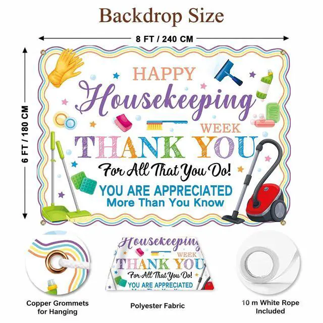 Alt view image 3 of 7 - Happy Housekeeping Week Backdrop Thank You Cleaning Staff Appreciation Photography Background EVS Week Hotel Hospital School Workers Party Decor Banner Photo Props (8x6FT)