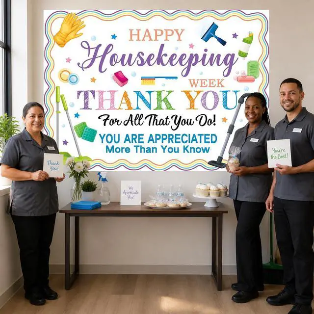 Alt view image 5 of 7 - Happy Housekeeping Week Backdrop Thank You Cleaning Staff Appreciation Photography Background EVS Week Hotel Hospital School Workers Party Decor Banner Photo Props (8x6FT)