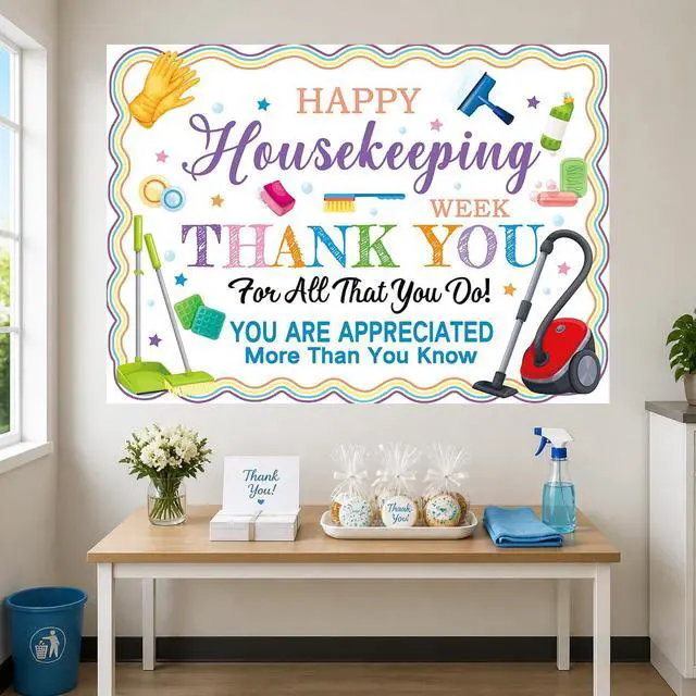 Alt view image 4 of 7 - Happy Housekeeping Week Backdrop Thank You Cleaning Staff Appreciation Photography Background EVS Week Hotel Hospital School Workers Party Decor Banner Photo Props (8x6FT)