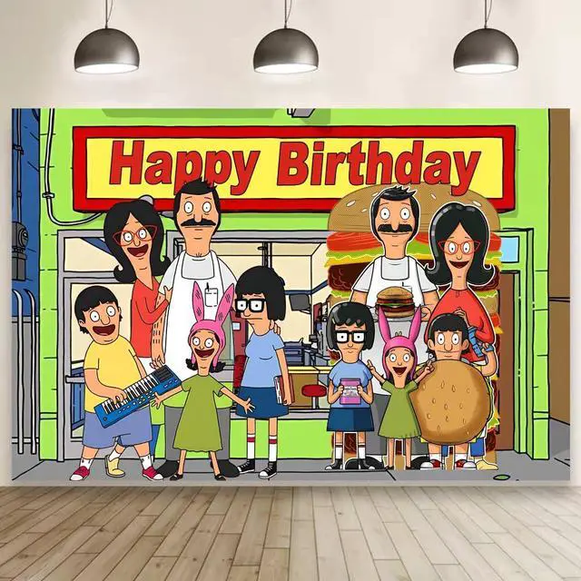 Main image of Background Bob Family Burgers Birthday Decorations, Bob Family Burgers Happy Birthday Banner Backdrop for Birthday Party Supplies (5x3ft)