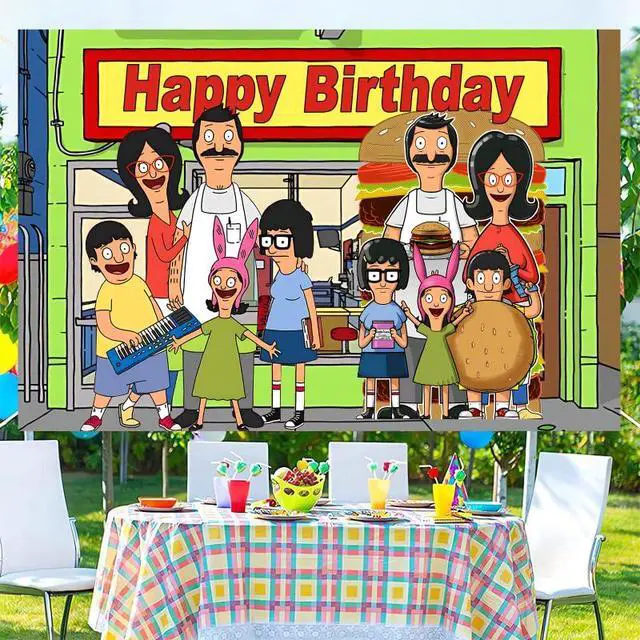 Alt view image 2 of 6 - Background Bob Family Burgers Birthday Decorations, Bob Family Burgers Happy Birthday Banner Backdrop for Birthday Party Supplies (5x3ft)