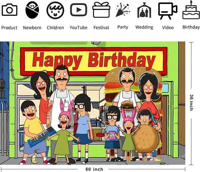 Alt view image 4 of 6 - Background Bob Family Burgers Birthday Decorations, Bob Family Burgers Happy Birthday Banner Backdrop for Birthday Party Supplies (5x3ft)