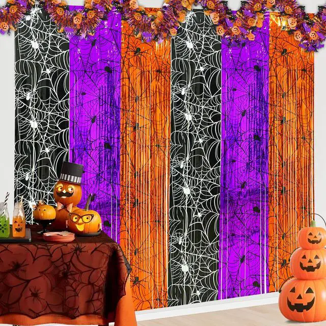 Main image of Halloween Fringe Curtains Backdrop Spiderweb Foil Tinsel Streamers Orange Purple Black Spider Web Photo Booth Prop Backdrop Decor for Halloween Birthday Party Decorations, 3.3 X 6.6 Ft, 4 Packs