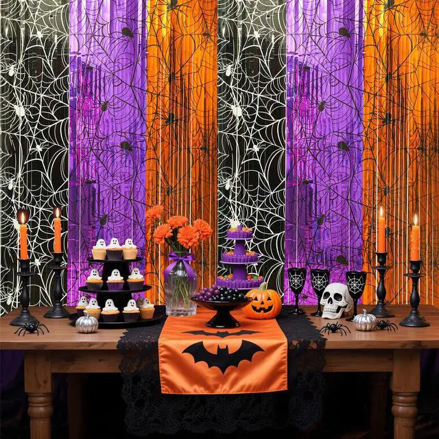 Alt view image 4 of 7 - Halloween Fringe Curtains Backdrop Spiderweb Foil Tinsel Streamers Orange Purple Black Spider Web Photo Booth Prop Backdrop Decor for Halloween Birthday Party Decorations, 3.3 X 6.6 Ft, 4 Packs