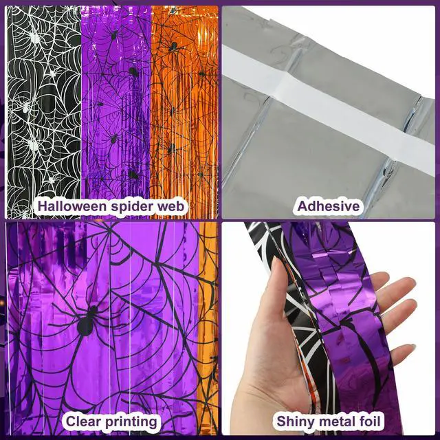 Alt view image 3 of 7 - Halloween Fringe Curtains Backdrop Spiderweb Foil Tinsel Streamers Orange Purple Black Spider Web Photo Booth Prop Backdrop Decor for Halloween Birthday Party Decorations, 3.3 X 6.6 Ft, 4 Packs