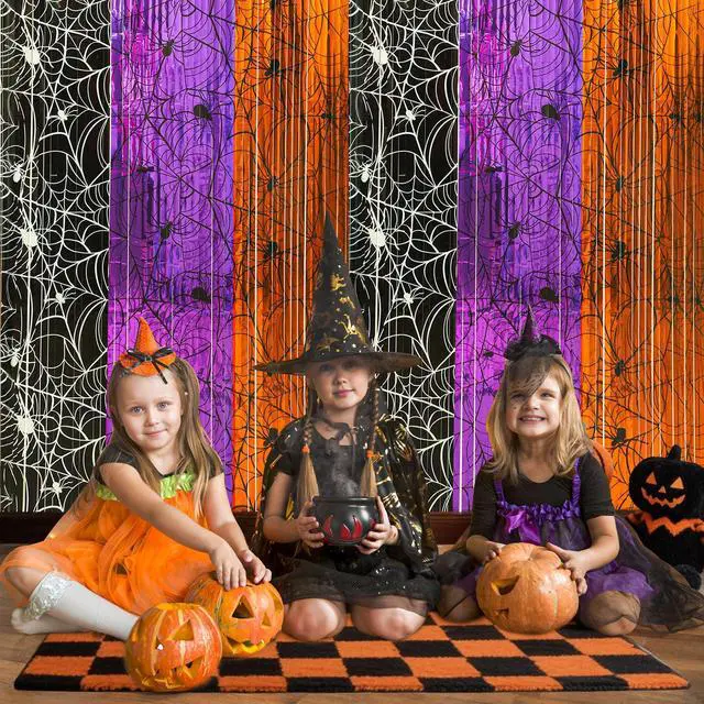 Alt view image 5 of 7 - Halloween Fringe Curtains Backdrop Spiderweb Foil Tinsel Streamers Orange Purple Black Spider Web Photo Booth Prop Backdrop Decor for Halloween Birthday Party Decorations, 3.3 X 6.6 Ft, 4 Packs