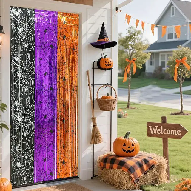 Alt view image 6 of 7 - Halloween Fringe Curtains Backdrop Spiderweb Foil Tinsel Streamers Orange Purple Black Spider Web Photo Booth Prop Backdrop Decor for Halloween Birthday Party Decorations, 3.3 X 6.6 Ft, 4 Packs