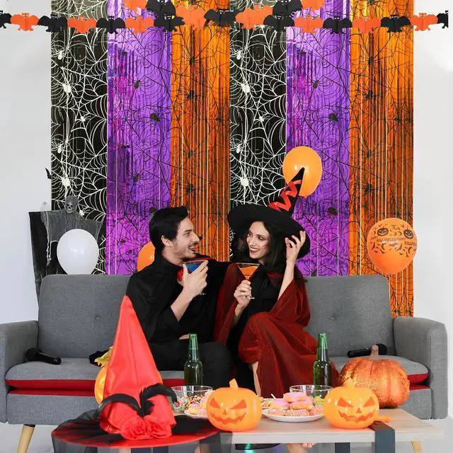 Alt view image 7 of 7 - Halloween Fringe Curtains Backdrop Spiderweb Foil Tinsel Streamers Orange Purple Black Spider Web Photo Booth Prop Backdrop Decor for Halloween Birthday Party Decorations, 3.3 X 6.6 Ft, 4 Packs