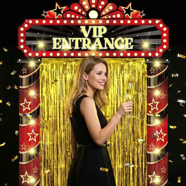 Alt view image 4 of 7 - 5 Pcs Movie Night Party Decorations with Gold Foil Curtain Backdrop and Movie Night Theme Backdrop Awards Decorations for New Year, Birthday Vintage Art Events