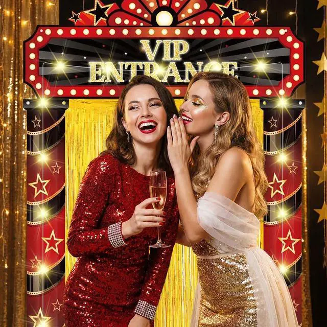 Alt view image 7 of 7 - 5 Pcs Movie Night Party Decorations with Gold Foil Curtain Backdrop and Movie Night Theme Backdrop Awards Decorations for New Year, Birthday Vintage Art Events