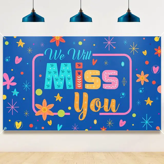 Main image of We Will Miss You Backdrop, Going Away Party Decorations, Blue Farewell Banner Photo Booth Props for Goodbye, Graduation, Retirement Party Decorations, Vibrant Colors, Sturdy, Fabric