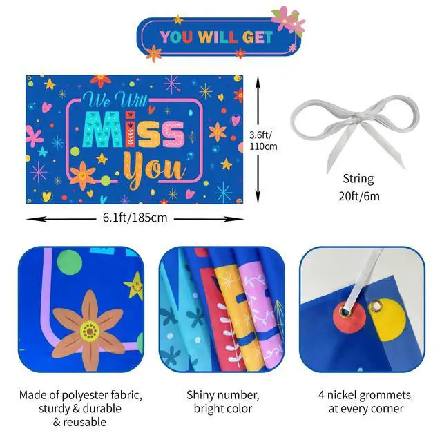 Alt view image 2 of 6 - We Will Miss You Backdrop, Going Away Party Decorations, Blue Farewell Banner Photo Booth Props for Goodbye, Graduation, Retirement Party Decorations, Vibrant Colors, Sturdy, Fabric