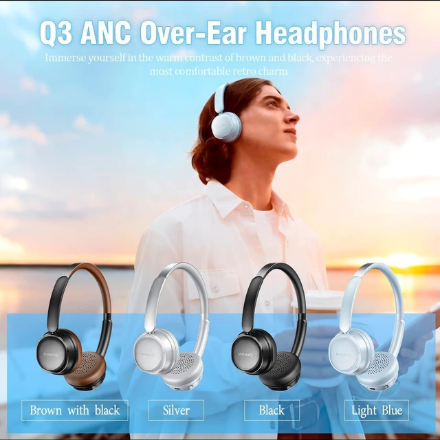 Alt view image 2 of 7 - Q3 On Ear Bluetooth Headphones with Active Noise Cancelling, 100H Battery, Ultra-Soft Fit, Lightweight for Work and Travel, Brown and Black