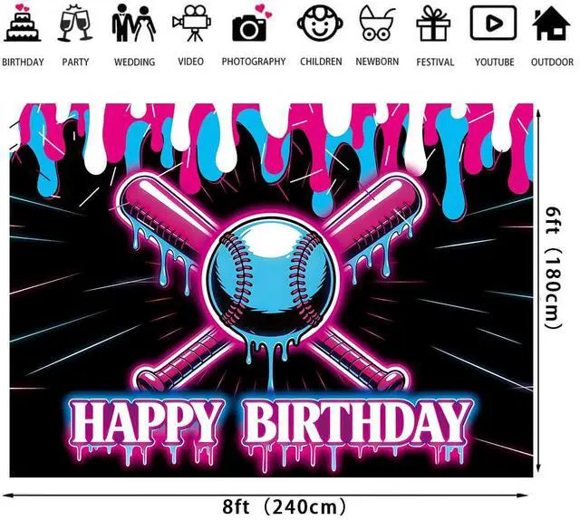 Alt view image 2 of 5 - Baseball Ice Cream Drip Happy Birthday Backdrop 8x6ft | Baseball Theme Birthday Photography Background,Sport Teams Party Decoration,Vinyl
