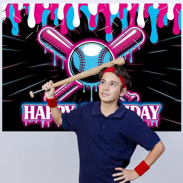 Alt view image 3 of 5 - Baseball Ice Cream Drip Happy Birthday Backdrop 8x6ft | Baseball Theme Birthday Photography Background,Sport Teams Party Decoration,Vinyl