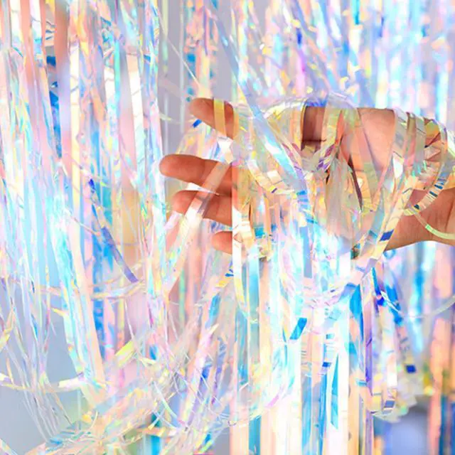 Alt view image 2 of 5 - 2 Pcs Iridescent Transparent Foil Curtain Tinsel Backdrop Beautiful Neon Clear Streamers Backdrops-Rainbow Photoshoot Streamers for Party Decorations(3.2 ft x 6.5 ft)