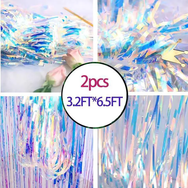 Alt view image 3 of 5 - 2 Pcs Iridescent Transparent Foil Curtain Tinsel Backdrop Beautiful Neon Clear Streamers Backdrops-Rainbow Photoshoot Streamers for Party Decorations(3.2 ft x 6.5 ft)