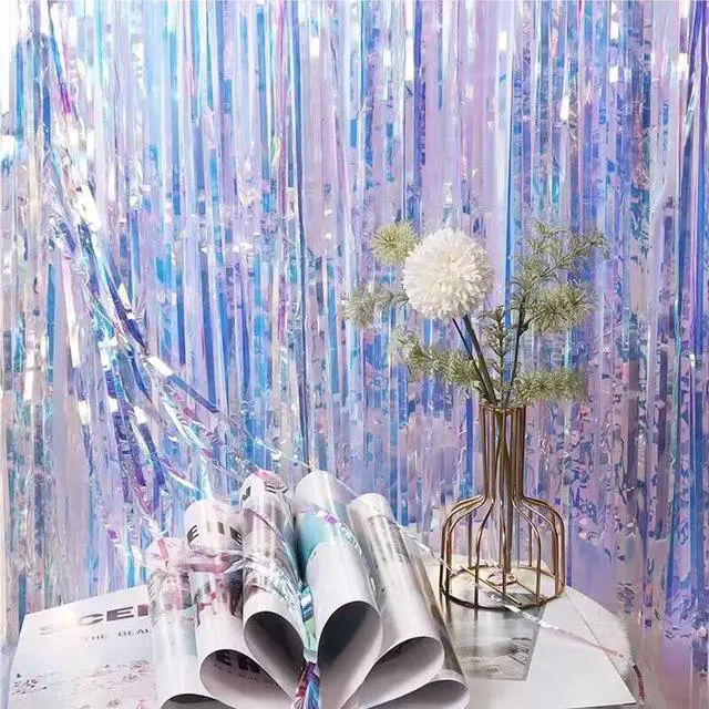 Alt view image 4 of 5 - 2 Pcs Iridescent Transparent Foil Curtain Tinsel Backdrop Beautiful Neon Clear Streamers Backdrops-Rainbow Photoshoot Streamers for Party Decorations(3.2 ft x 6.5 ft)