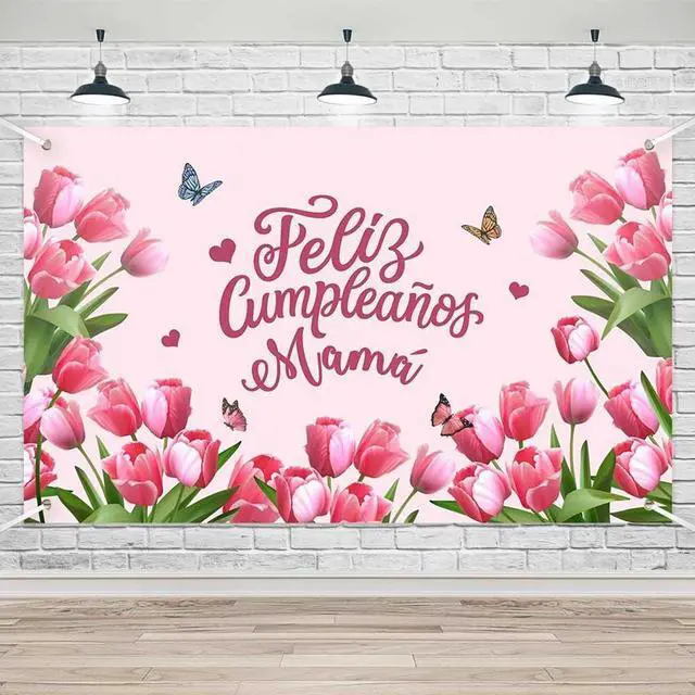 Main image of Feliz Cumpleaños Mama Party Banner Mexico Happy Birthday Backdrop for Mother Best Mom Ever I Love Mom Floral Party Decorations Photo Booth Props