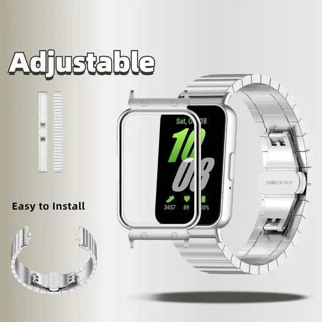 Alt view image 5 of 6 - Metal Strap Compatible with Samsung Galaxy Fit 3 SM-R390, Thin Light Stainless Steel Band with Buckle Protective Cover for Galaxy Fit 3