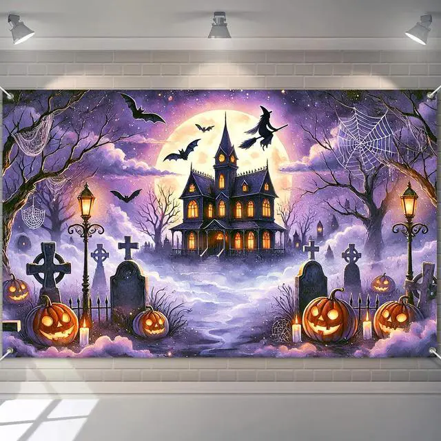 Main image of Halloween Haunted House Banner 71x43 in Full Moon Decor | Spooky Wall Banner, Halloween Backdrop for Photo Booth, Porch and Haunted House, Graveyard Haunted House Pattern