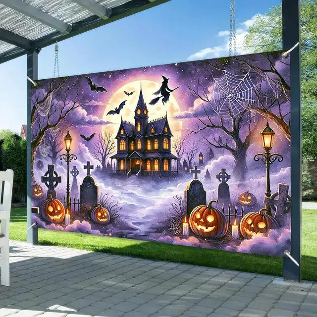 Alt view image 2 of 6 - Halloween Haunted House Banner 71x43 in Full Moon Decor | Spooky Wall Banner, Halloween Backdrop for Photo Booth, Porch and Haunted House, Graveyard Haunted House Pattern