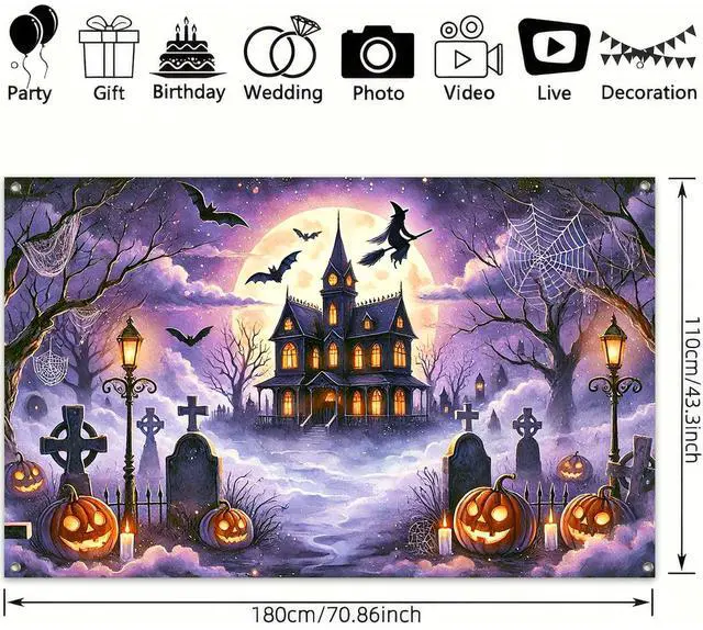 Alt view image 3 of 6 - Halloween Haunted House Banner 71x43 in Full Moon Decor | Spooky Wall Banner, Halloween Backdrop for Photo Booth, Porch and Haunted House, Graveyard Haunted House Pattern