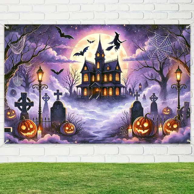 Alt view image 4 of 6 - Halloween Haunted House Banner 71x43 in Full Moon Decor | Spooky Wall Banner, Halloween Backdrop for Photo Booth, Porch and Haunted House, Graveyard Haunted House Pattern