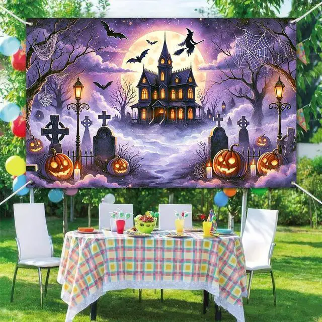 Alt view image 6 of 6 - Halloween Haunted House Banner 71x43 in Full Moon Decor | Spooky Wall Banner, Halloween Backdrop for Photo Booth, Porch and Haunted House, Graveyard Haunted House Pattern